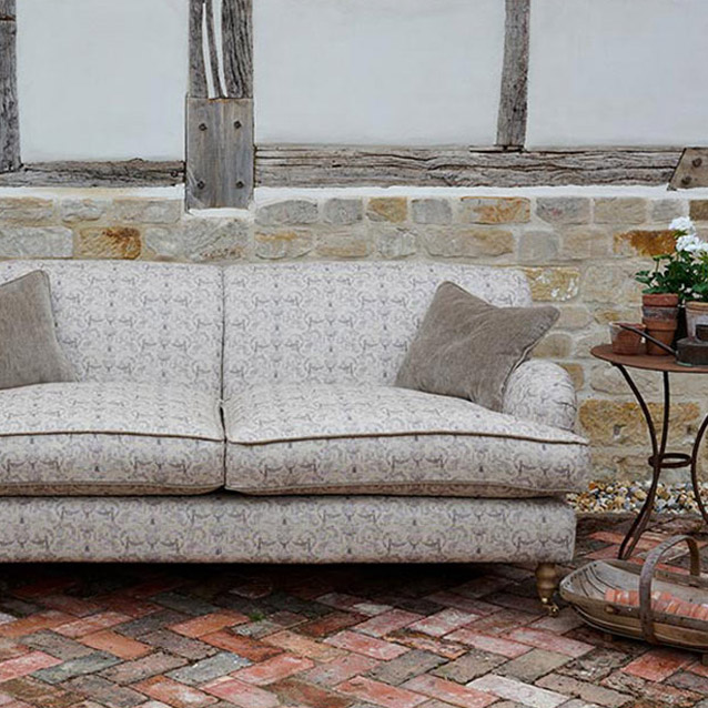 Kentwell 3 seater sofa in RHS Collection Gertrude Jekyll Ornamental Brown and Warwick Mohair Velvet Mushroom